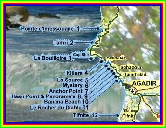map of surfspots, surf spots north of agadir morocco